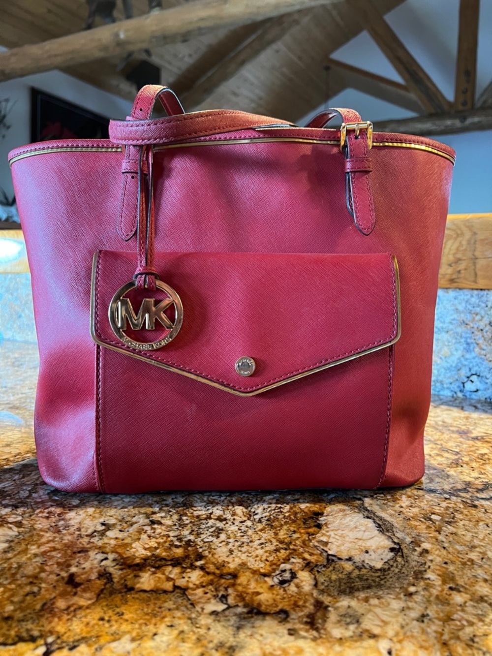 Michael Kors Red Saffiano Leather Tote with Front Pocket and MK Charm